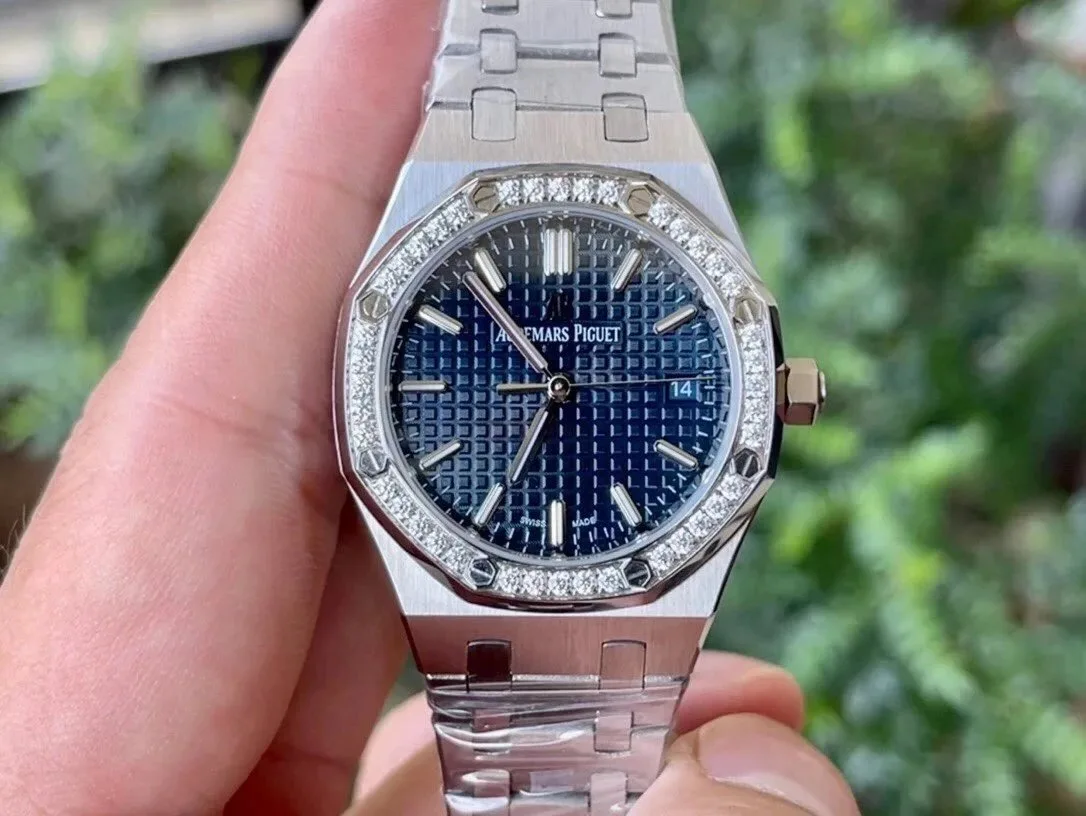 Audemars Piguet Royal Oak 77351ST Blue Diamond Ring Super Replica Watch 34mm